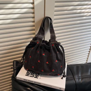 Denim Shoulder Bag Drawstring Opening Design Unique Small Flower Decoration Large Capacity Leisure Commuter Tote Bag