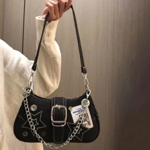 Fashion Women's Denim Stars Pattern Handbags Cool Girls Y2K Underarm Canvas Small Shoulder Chain Tote Bag