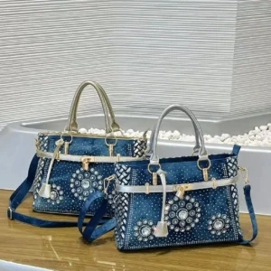 2025 New diamond-encrusted sunflower woven bag, rivet bag, women's denim bag, handcrafted shoulder bag