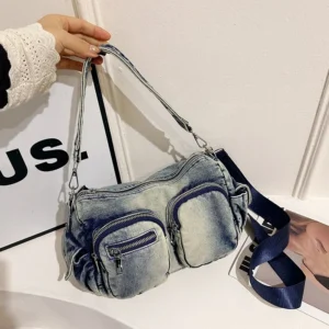 Advanced Feeling Multiple Pockets Vintage Denim Shoulder Bag Leisure Time High-capacity Versatile Practical Single Crossbody Bag