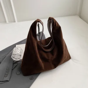 Autumn and Winter Vintage Women's Bag Large Capacity Suede Shoulder Bag Solid Color Simple Commuter Bag Female Retro Handbags