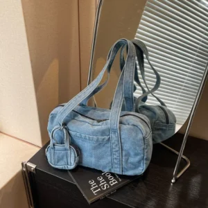 Denim Shoulder Bag Solid Color Multi-pocket Design Large Capacity Armpit Bag Casual Versatile Shoulder Tote Bag