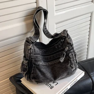 Women Casual Satchel Bag Large Capacity Denim Vintage Messenger Bag Adjustable Strap Daily Tote Bag Multifunction Chic Hobo Bag