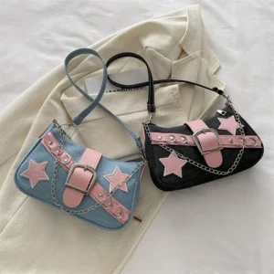 Retro Star Handbag Portable Denim Shoulder Bag Chain Armpit Bag Y2k Rivet Women'S Purse For Fashion Events Daily Use Girls