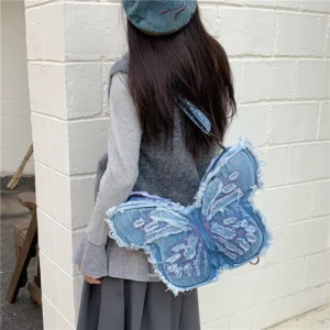 Niche Denim Butterfly Backpack Women's Fashionable Casual Portable Shoulder Bag Fashionable Women's Denim Bag Multifunctional Ba