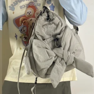 Women Simple Shoulder Bag Large Capacity Bow Drawstring Backpack Solid Color Daily Tote Handbag Ladies Travel Backpack