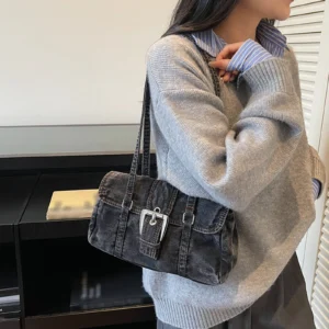 Denim Square Shoulder Bags Solid Color Shoulder Handbags with Top Handle Boston Handbag for Women Travel Shopping Work