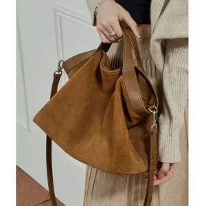 Burminsa Cowhide Suede Genuine Leather Hobo Tote Handbags For Women 2026 Luxury Designer Shopper Ladies Shoulder Crossbody Bags