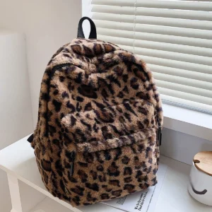 Luxury Brown Leopard Pattern Plush Women Backpack